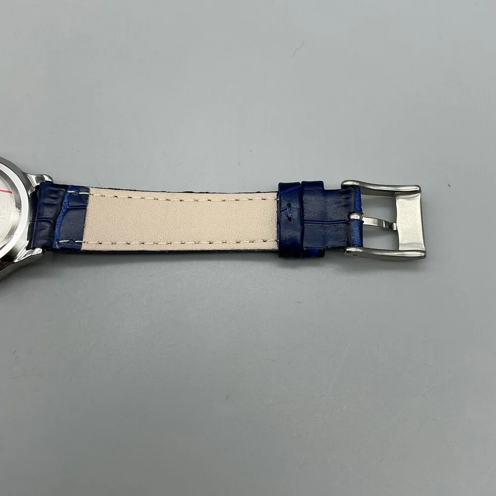 Shengke Womens Watch 32mm Silver Tone Blue Leather Band Date New Battery